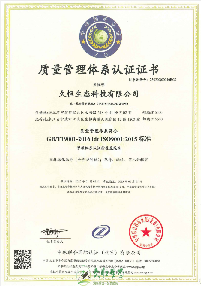 武汉江岸质量管理体系ISO9001证书