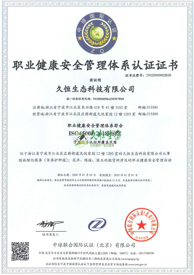 武汉江岸职业健康安全管理体系ISO45001证书